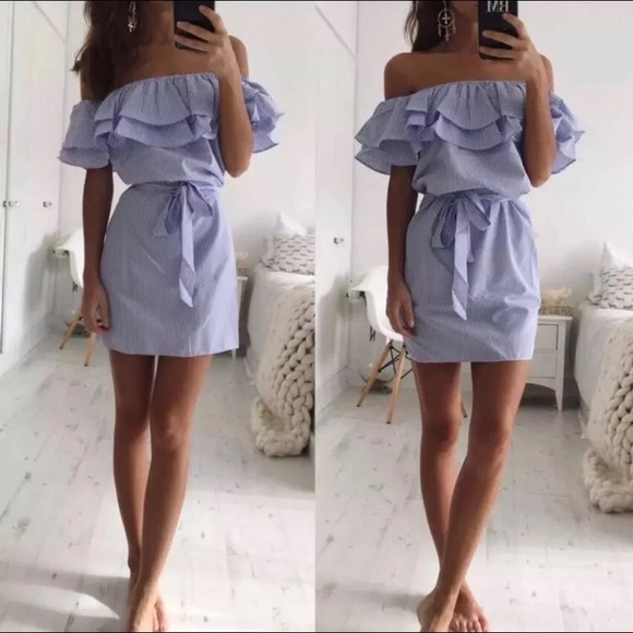 Dresses & Skirts - Blue White Off Shoulder Ruffles Mini Dress